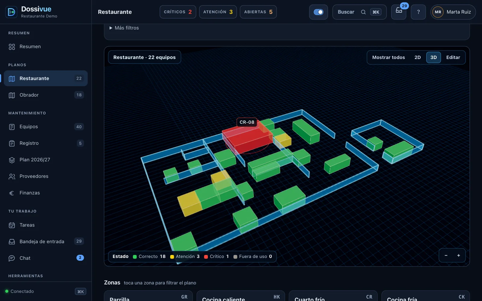 Plano en 3D de un restaurante en Dossivue con los equipos coloreados por estado